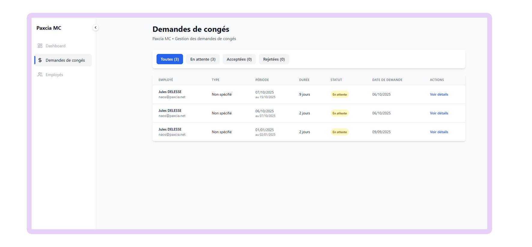 Interface de gestion du logiciel de congés Kalendoo - Vue d'ensemble des demandes